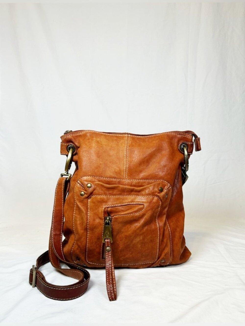 Vintage Marco Buggiani Burnt Orange Distressed Leather Rustic Boho Crossbody Bag